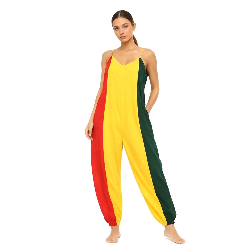 Women Rasta Color Jumpsuit Red Yellow Green 100% Cotton Spaghetti Strap Relaxed